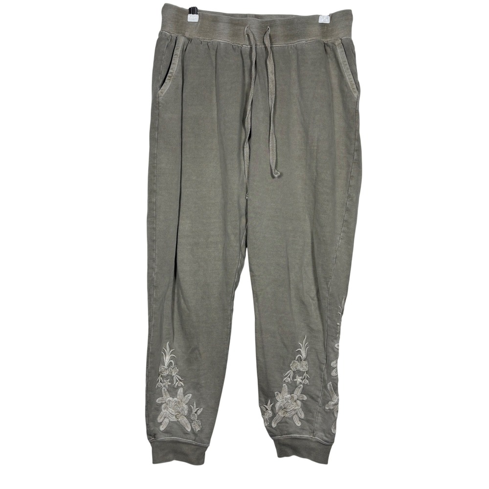 Caite Women's Small Olive Grey Mineral Wash Floral Embroidered Jogger Sweatpants